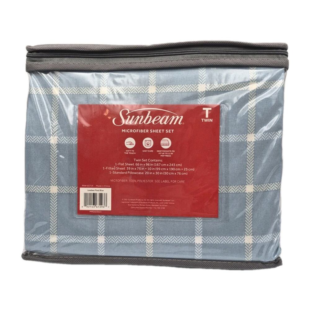 Sunbeam Larabee Plaid Blue Microfiber Twin Sheet Set NEW